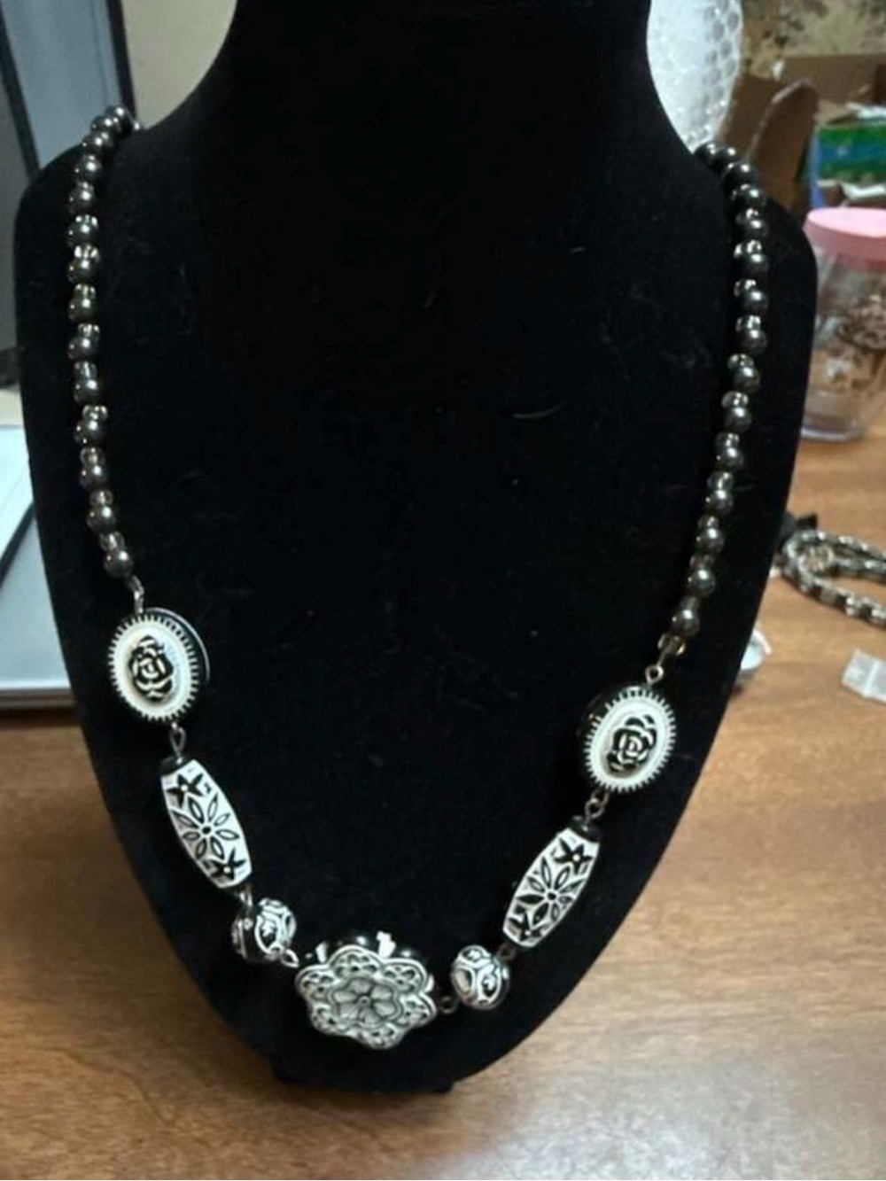 Vintage Black and White Carved Resin and Hematite Bead Statement Necklace
